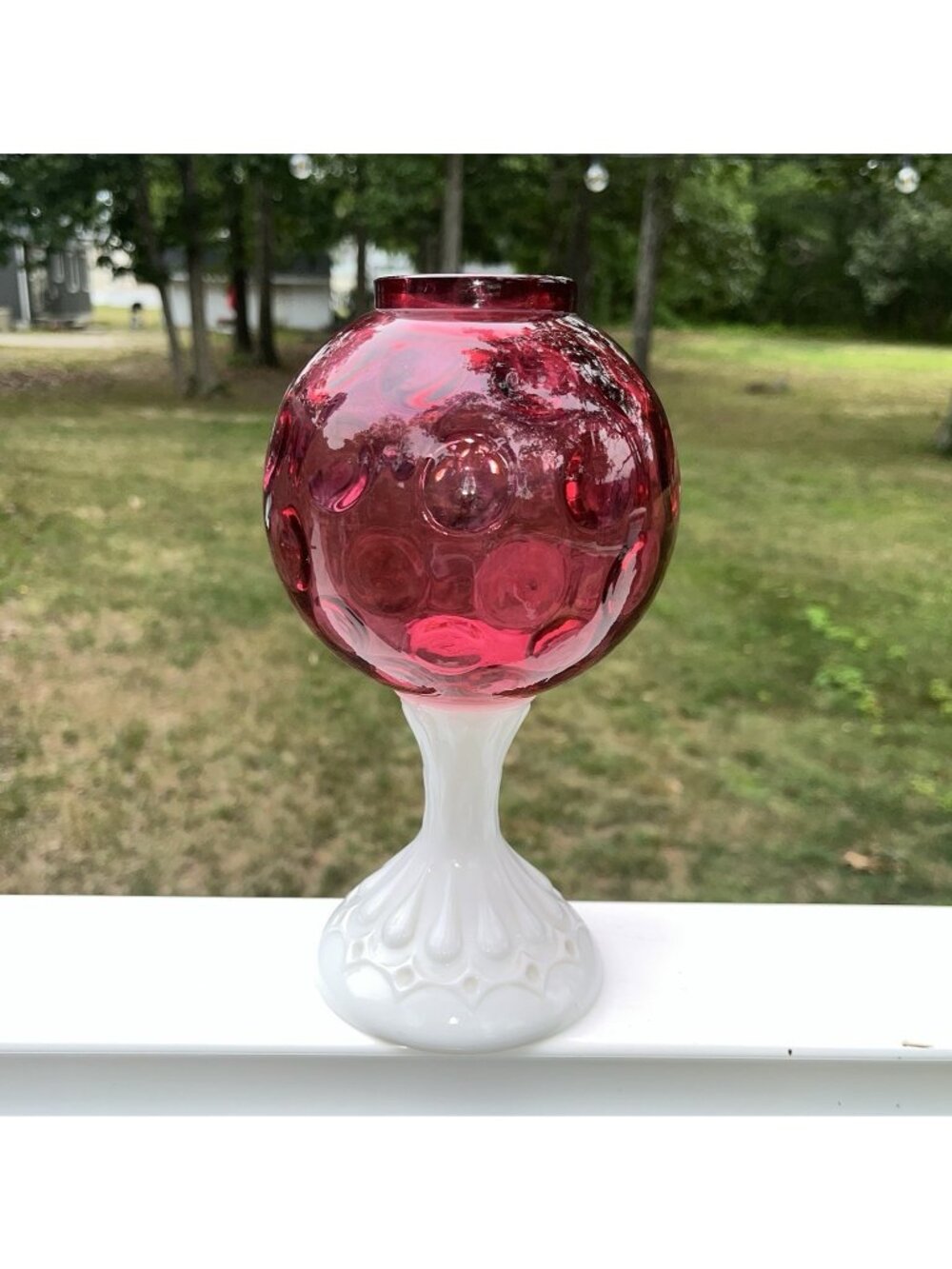 Fenton Cranberry Coin Dot Pedestal Ivy Ball/Bubble Fairy Lamp Style Decor 9” SEE